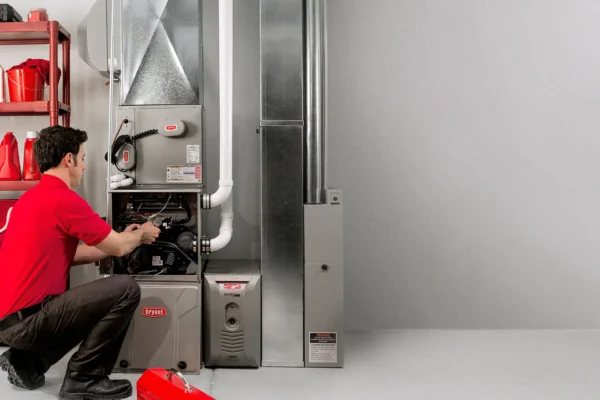 Technician performing maintenance on a home furnace system, illustrating furnace replacement cost considerations.