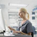 Healthcare professional reviewing documents on a computer for medical coding outsourcing.